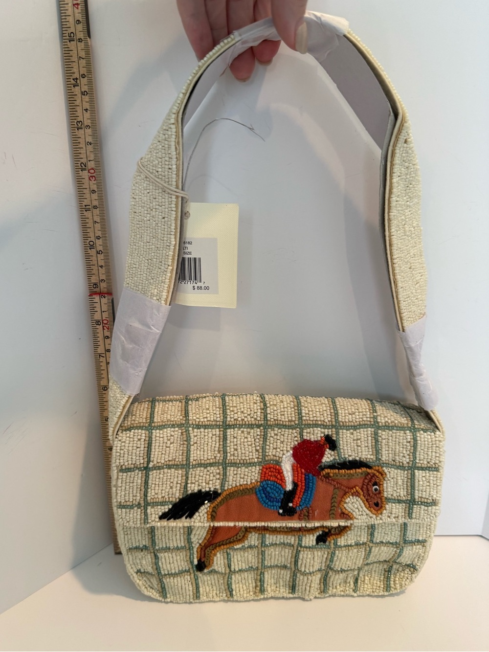 * VIRAL Beaded Bag with Equestrian Motif on a Cream, Sage Green & Tan Background